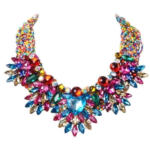 Yellow Gold with Multicolor Austrian Crystal & Beaded Chunky Collar Bib Necklace - Picture 2 of 6